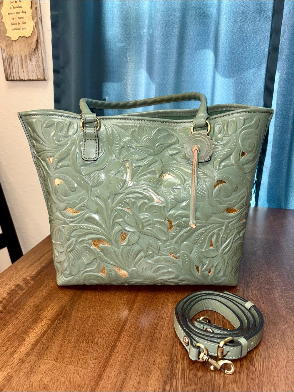 Patricia Nash GUC Adeline Tote Bag - Light Sage Green - Floral Tooled Leather